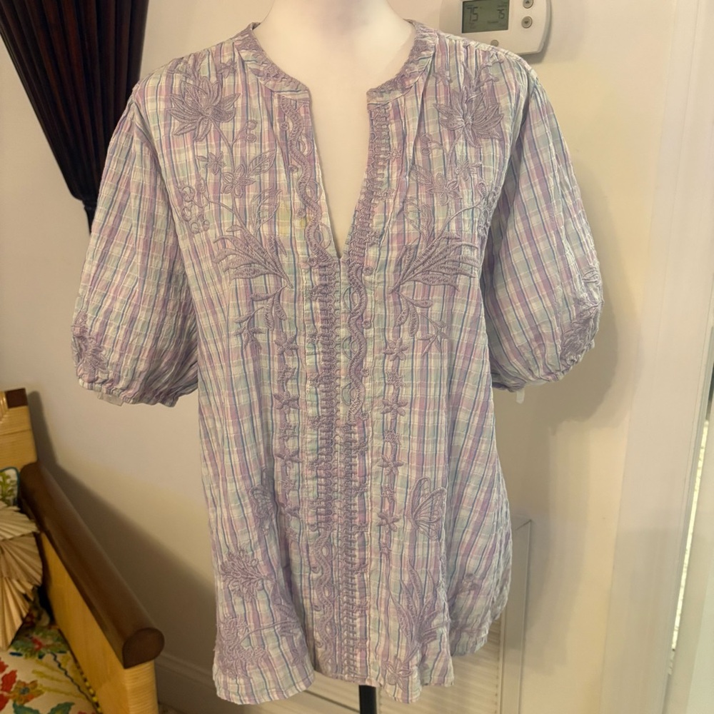 Johnny Was Lavender Plaid Embroidered Peasant Blouse